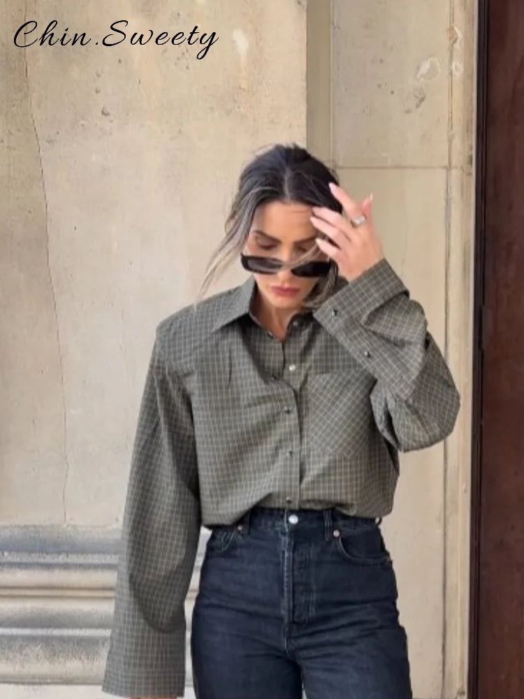 Casual Women's Green Plaid Shirts Loose Lapel Long Sleeve Single Breasted Pockets Female Shirt 2025 Autumn Lady All-match Tops