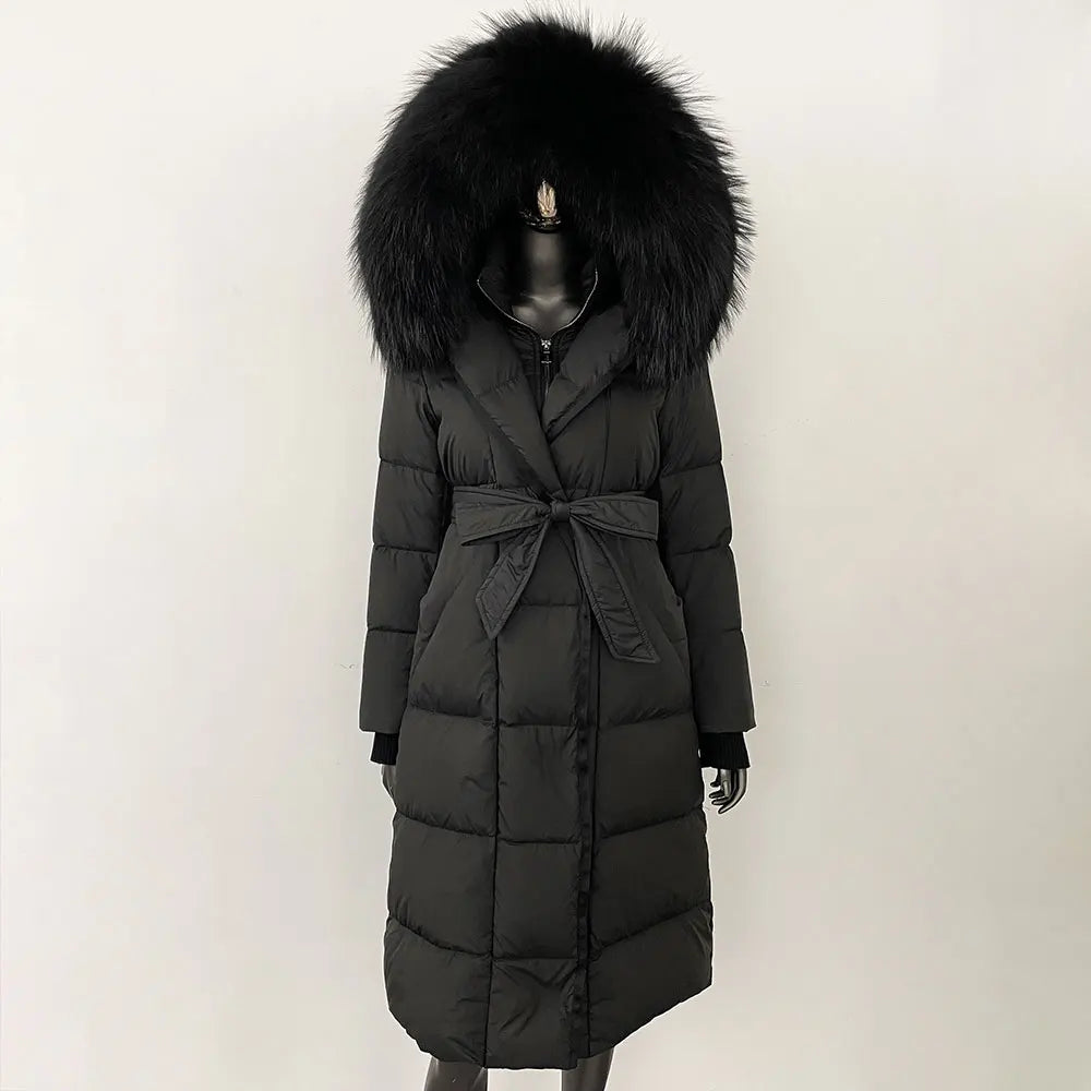 Down Jacket Women Winter Real Natural Fox Fur Hooded Detachable Collar Belt White Goose Down Coat Long Casual Elegant Overwears