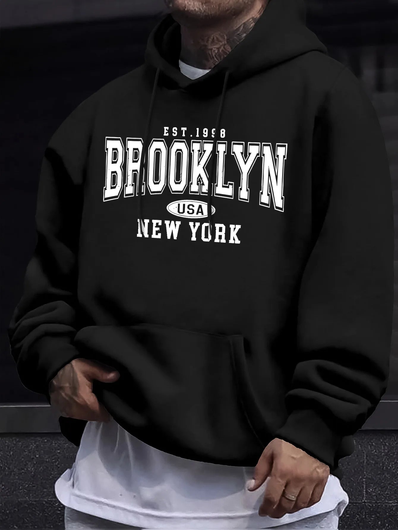 Men's autumn and winter casual fashion loose Brooklyn New York letter printed long sleeved hooded sweatshirt warm pullover BAZAARHUBO