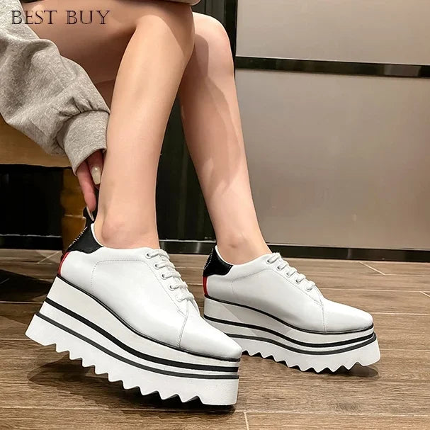 New beige Women Platform Casual Shoes 2024 Spring Black Casual Chunky Sneakers Women Real Leather White Height Increasing Shoes