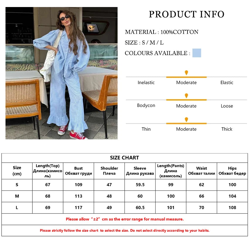 Clacive Fashion Loose Plaid Cotton Women's 3 Pieces Set 2025 Elegant Long Sleeve Shirt With High Wiast Wide Pants Set Female