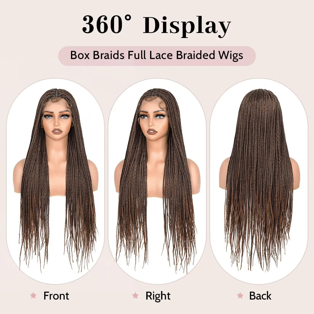 Small Square Knotless Box Braided Synthetic Wig 1BT30 Brown 30 Inch Full Double Lace Front Braided Wigs with Baby Hair For Women