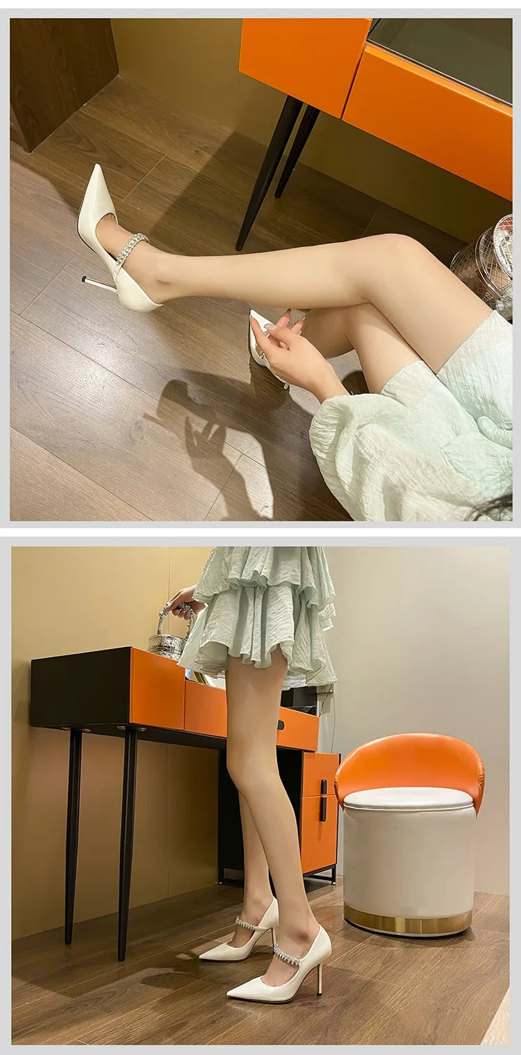 Spring 2025 New French Rhinestone Pointed White High Heels Temperament Patent Leather Shoes Women Wedding Pumps