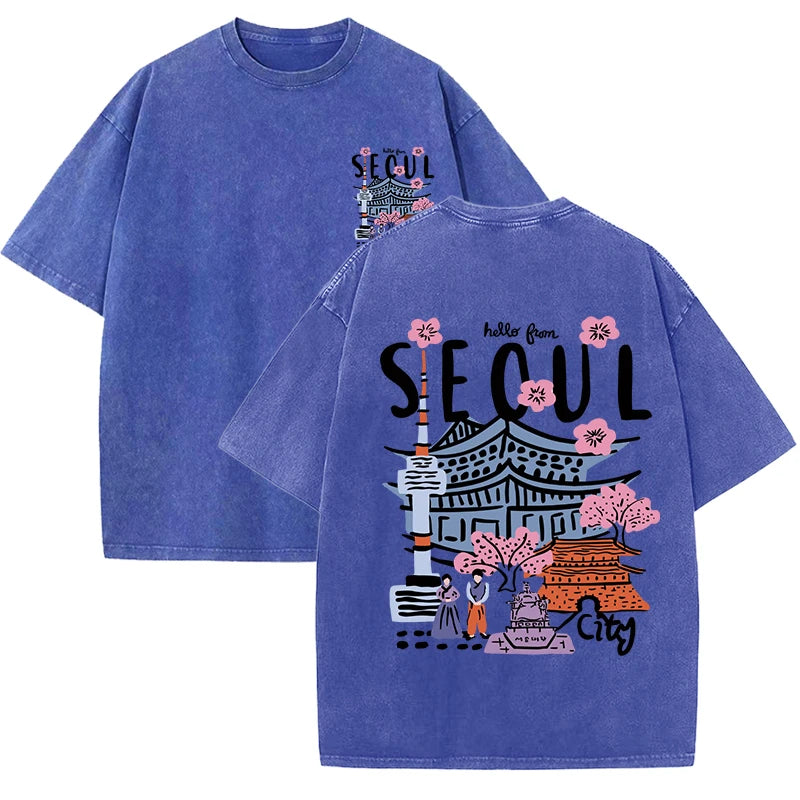 Seoul Beautiful Scenery Printed Washed T Shirt Female Summer Crewneck Clothes Trendy Cotton Short Sleeve Casual New T-Shirts