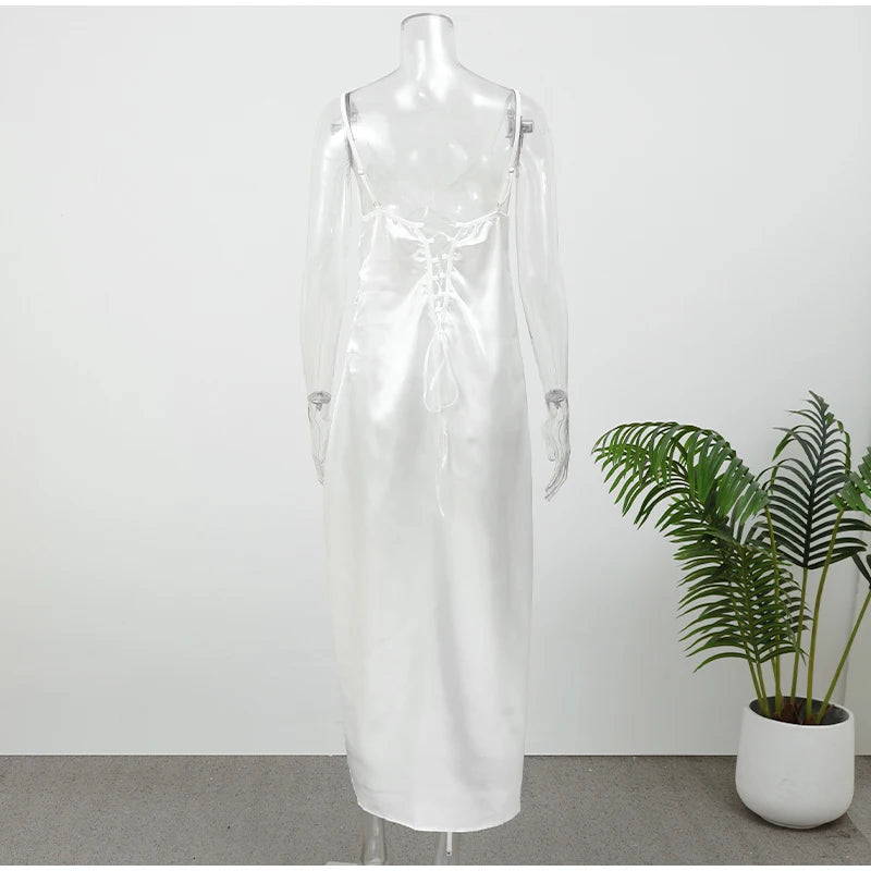 Women V-neck Satin Sling Maxi Dress Sexy White Lace Patchwork Sleeveless Backless Slim Gowns 2026 Evening Party Chic Dresses New