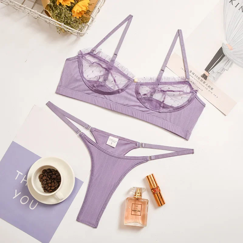 Sexy Fashion Transparent Lace Underwear Set Erotic Lingerie Women's Steel Ring Bra Panties 2-piece Set Sexy Hollow Pajamas Set