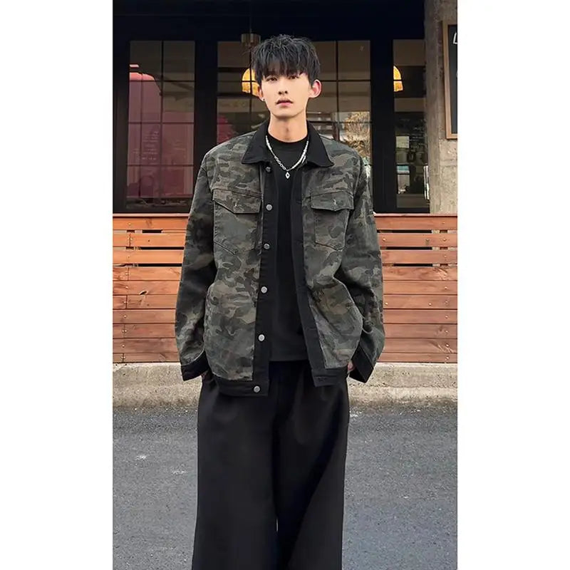 Men's Camouflage Denim Jacket Autumn Washed Turn down Collar Single-Breasted Long Sleeve Loose Fit Vintage Workwear Street Style