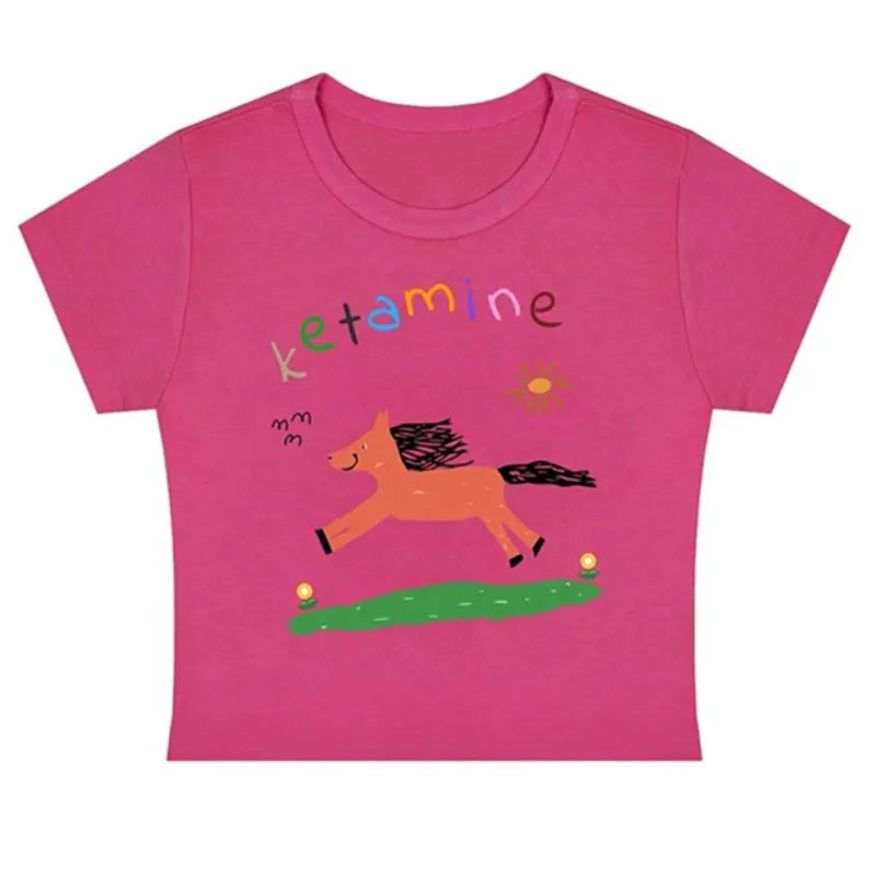 Summer new casual short-sleeve cute pony print Slim Blouse t-shirt kawaii crop top baby tee shirt vintage y2k clothes streetwear