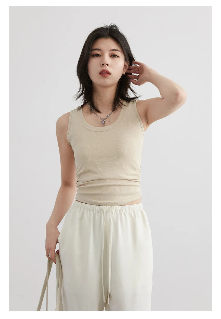 CHIC VEN Women Tanks New Solid Color Tees U-neck Pleated Vest Suspender Sleeveless Slim Female Top Spring Summer 2024