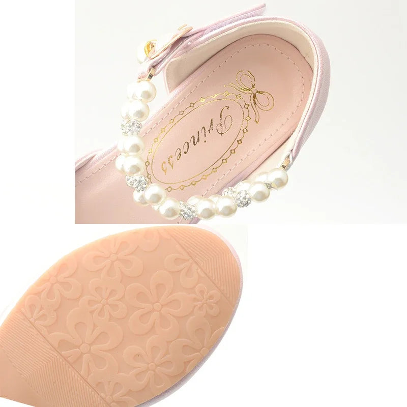 Pink Black White Party Wedding Shoes Children's High Heels Girl Shoe Elegan Pearl Princess Dress Girls Heel Shoes Child 2024 New