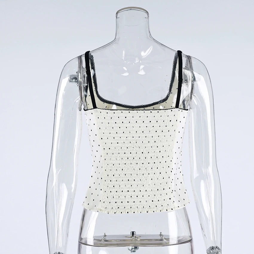 Backless Polka Dot Satin Tank Top Women Spaghetti Strap Lace Camisole Summer