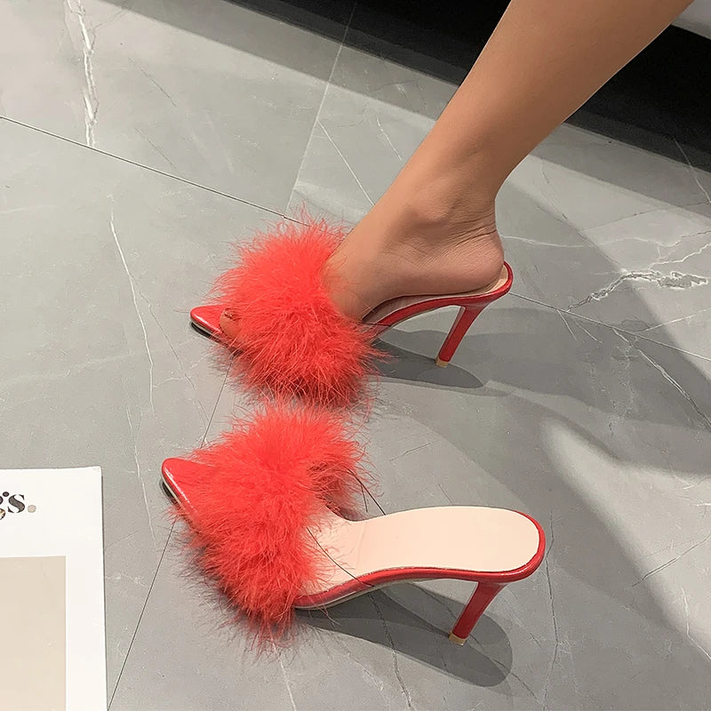 Women Modern Slippers Summer New Sexy Feather Decorate High Heels Stiletto Peep Toe Mules Plus Size Ladies Sexy Pumps Shoes