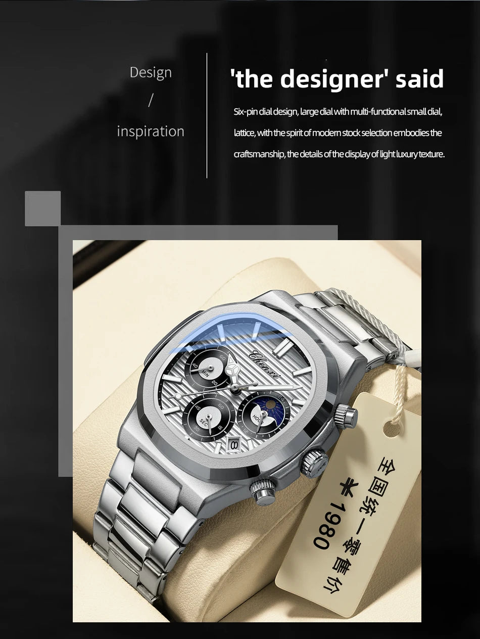 CHENXI Fashion Luxury Men's Watches Stainless Steel Quartz Movement Waterproof Calendar Moon Phase Chronograph Watch for Men