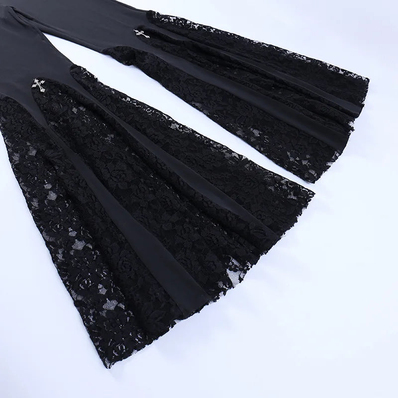 Goth Mall Flare Pants Sexy Black Lace Patchwork High Waist Vintage Harajuku Hippie Punk Grunge Streetwear  Y2k Pants
