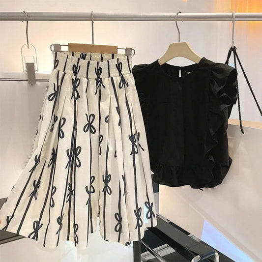 Fashion Black and White Summer New Girls' Casual Clothes Korean Version Sleeveless Pleated Vest+bow Striped Printed Pants Set