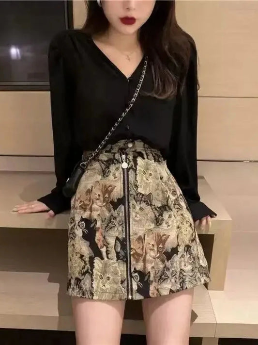 New Vintage Women Skirt Set Two Pieces 2025 Sweet Cat Print A-line Mini Skirt + Black Shirt High Waist Fashion Cute Skirt Woman