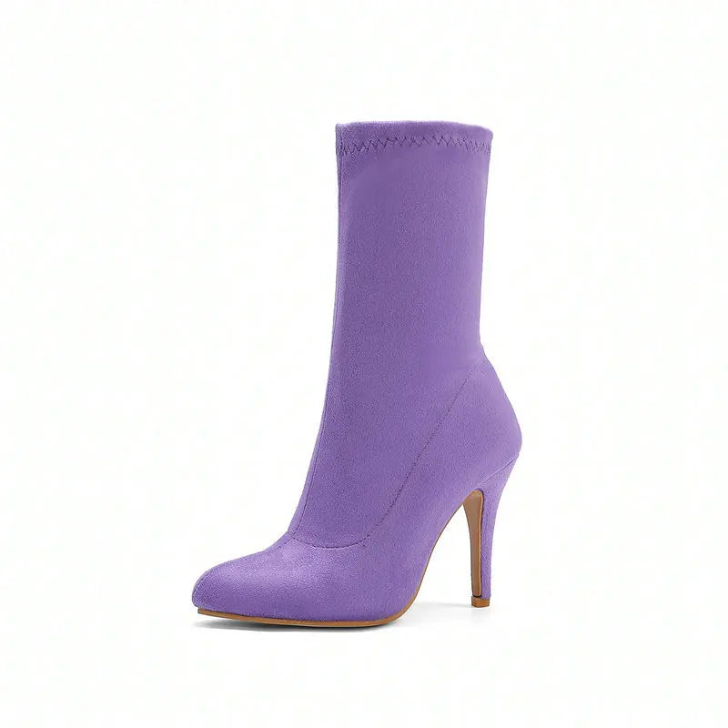 2023 Autumn Winter Sock Short Boots Lady Mid-Calf Thin High Heels Large Size 46 Fashion Women Shoes Elastic Flock Pointed Boots