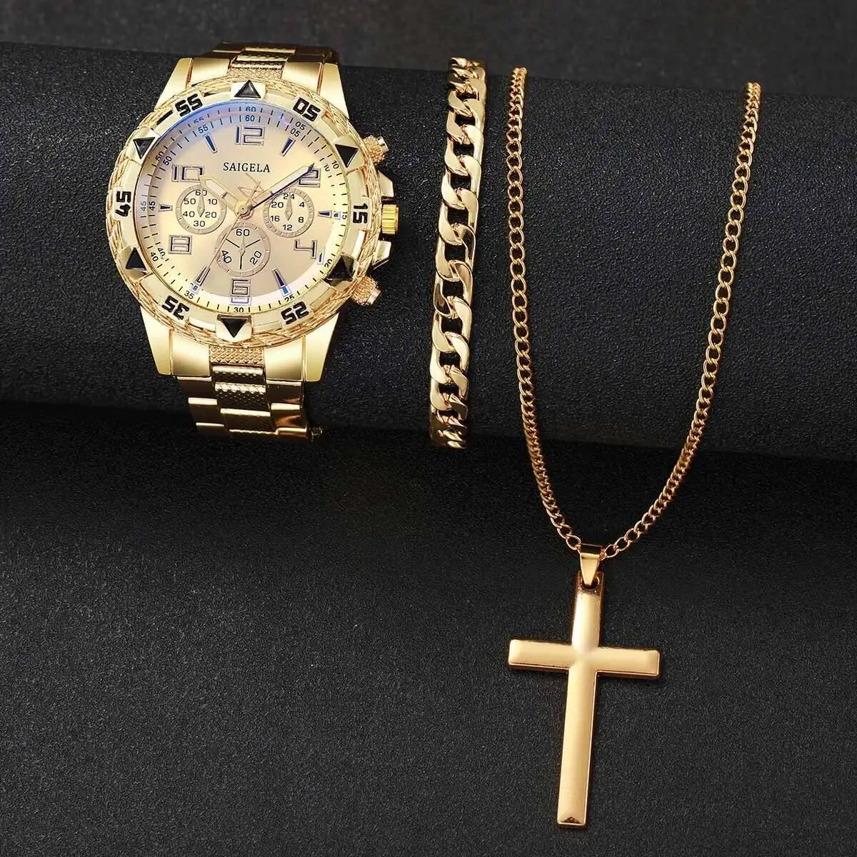 3PCS/Set Fashion Men's Quartz Watch Luxury Large Dial Men Business Watches Necklace Bracelet Set Reloj Hombre（Without Box）