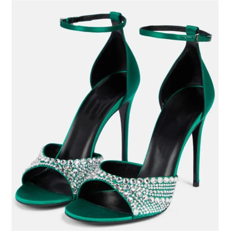 Summer 2023 Internet Celebrity Rhinestone Open Toed Sandals Fashion Round Toe Slim Heel Sandals Sexy Wrapped Party Sandals 35-43