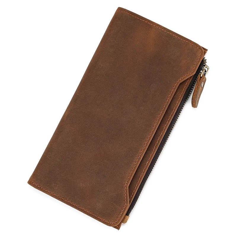 Men's Crazy Horse Leather Long Wallet Brown Real leather Trifold clutch snap purse Hasp purse with Phone pocket and coin pocket