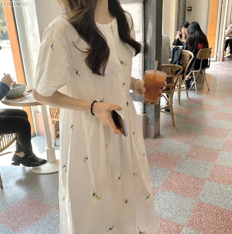 Loose Summer Cute Sweet Japanese Style Girls Flower Embroidery Retro Vintage Single Breasted Button Cotton Blends Shirt Dress