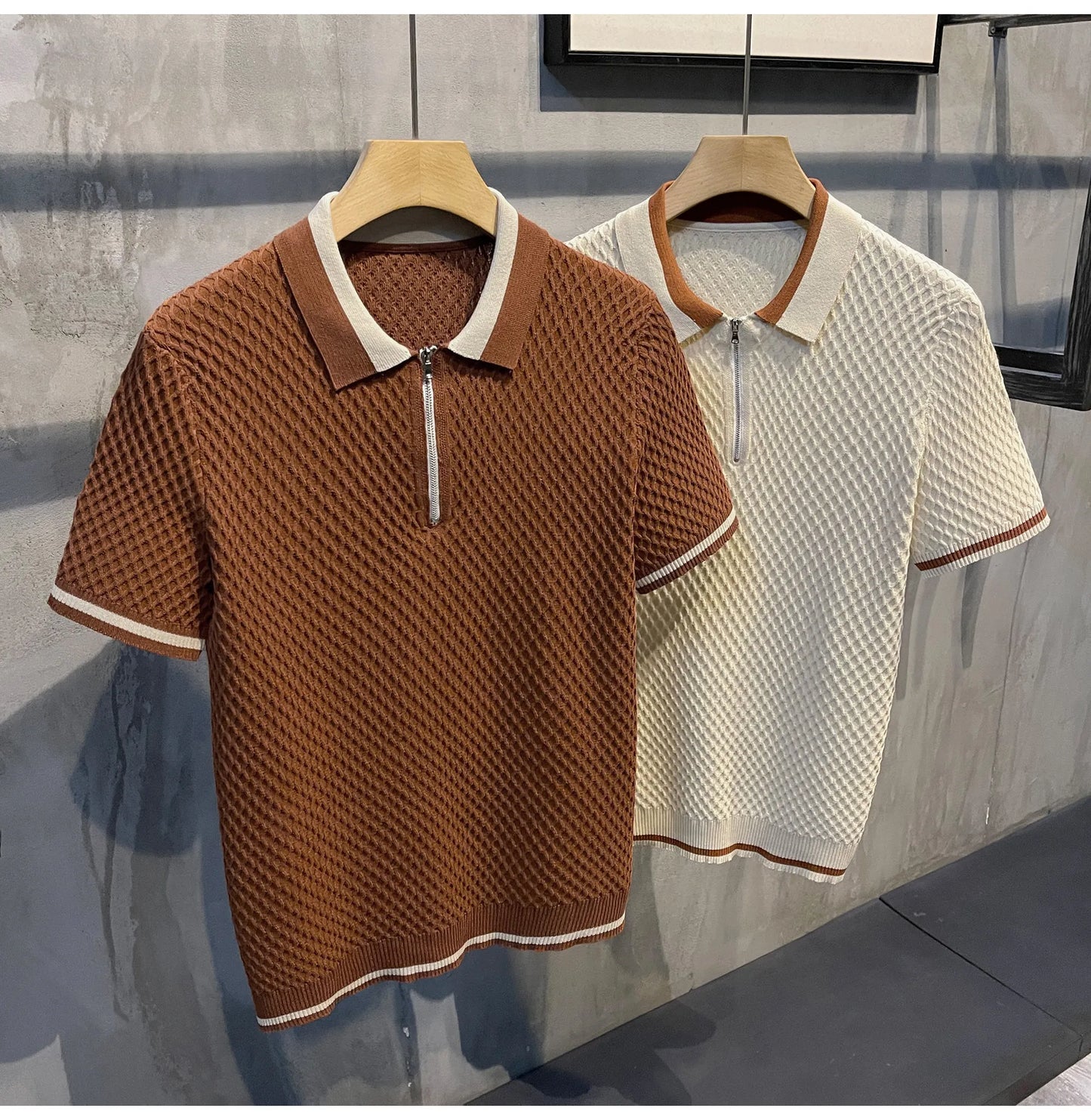 2026 Men's Casual V-Neck Knitted Jacquard Polo Shirt Solid Color Short Sleeve Solid Color Shirt Breathable Luxury Clothing B24