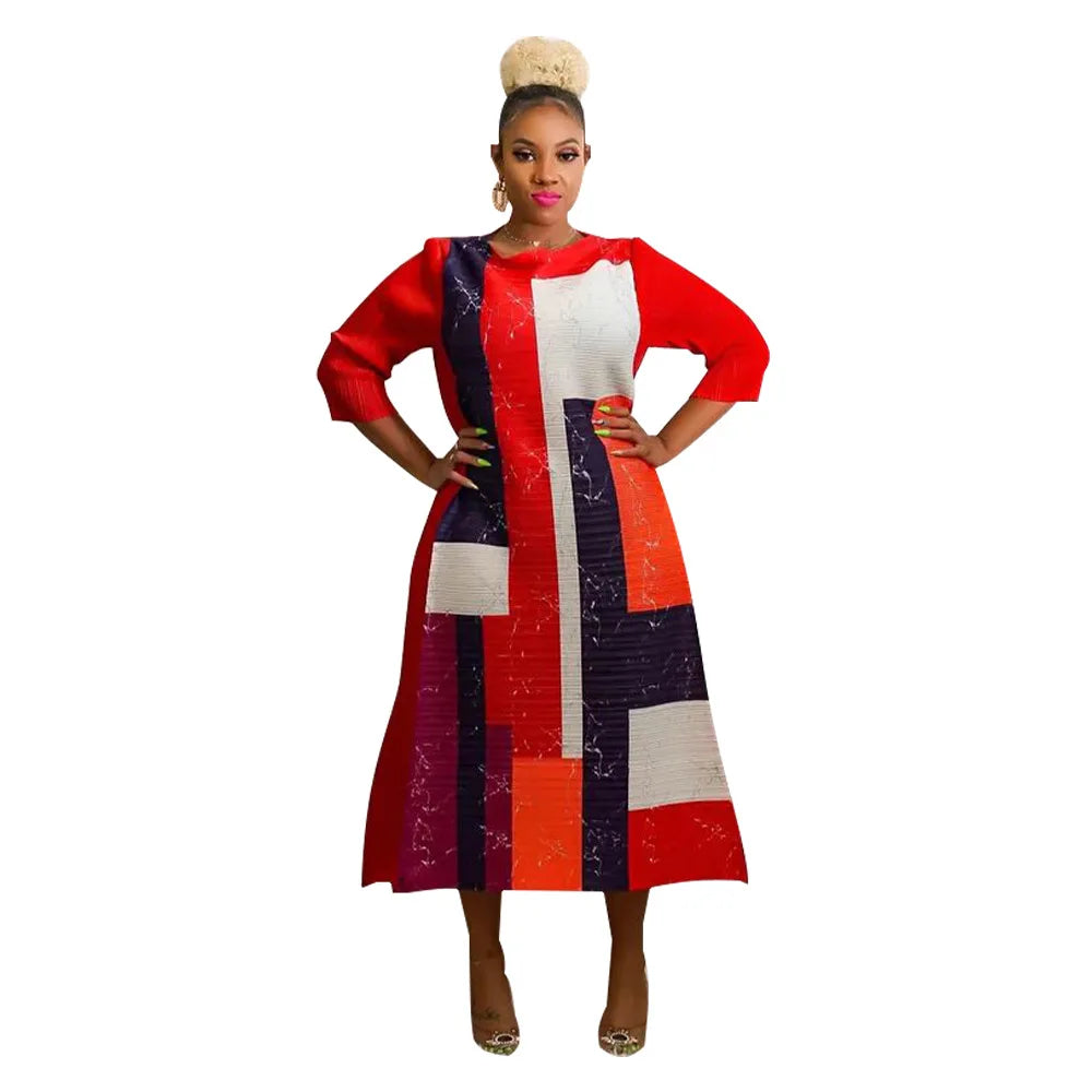 African Dresses for Women Summer Fashion Style African 3/4 Sleeve Polyester O-neck Pleated Dress Dashiki African Clothes Women