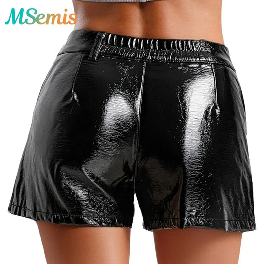 Womens Rivets And Belt PU Leather Hot Pants Hot Shorts Slim Fit Short Bottoms Club Rock Music Festival Costume