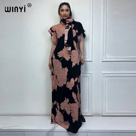 WINYI African Women Dashiki boho print muslim woman abaya dubai luxury Design With Scarf Maxi dress Loose African long kaftan