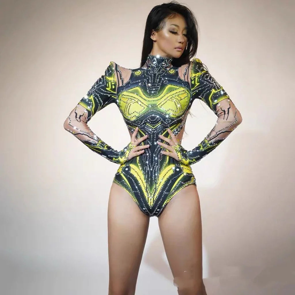 singer's commercial performance, dazzling performance outfit European and American sexy wormhole perspective triangle jumpsuit