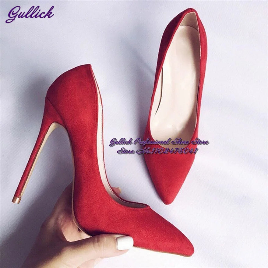 Gullick Women Hot Pink Suede High Heel Shoes 12Cm 10Cm 8Cm Stilettos Slip-On Pointed Toe Wedding Shoes Shallow Pumps Size45