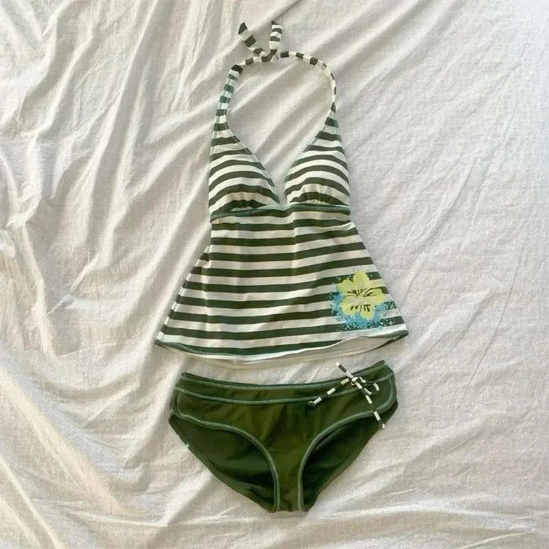 2 Piece Women's Summer Beach Bikini Set Sexy Slim Chic Floral Print Halter Neck Swimsuit Set 2000s Aesthetics Hottie Streetwear