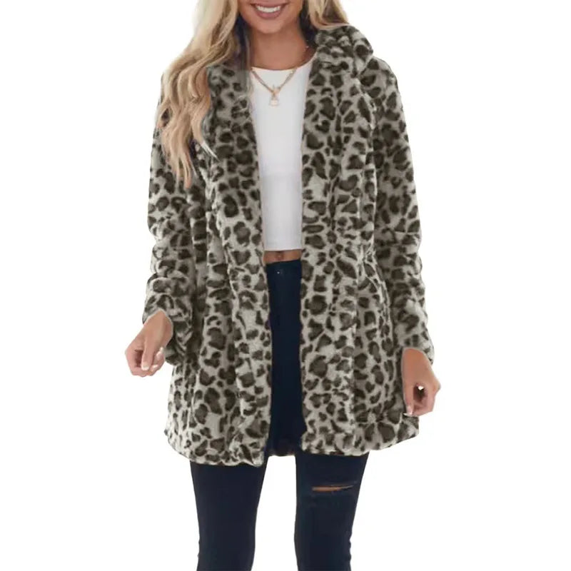 Women Winter Warm Faux Fur Coat Fashion Casual Turn-down Collar Leopard Jackets Ladies Streetwear Long Sleeve Pockets Overcoats
