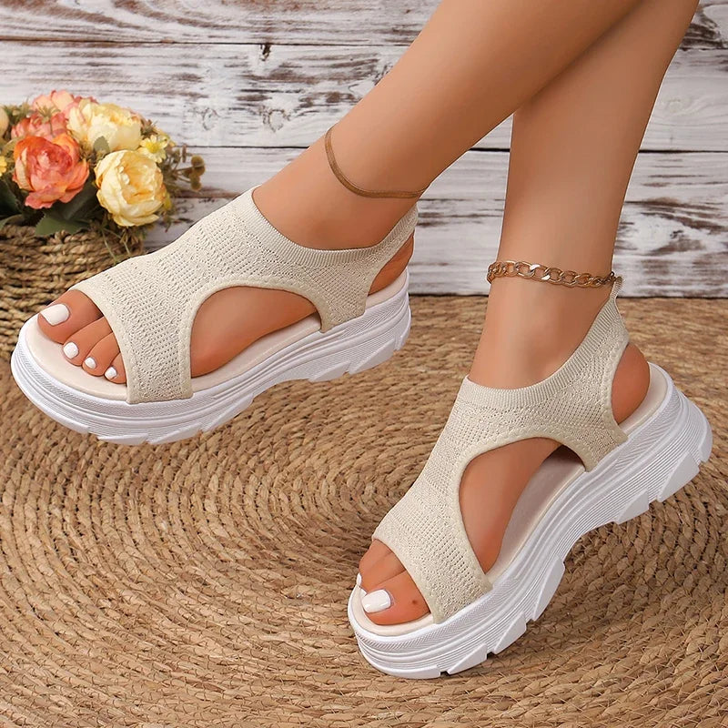 Hollow Out Knit Platform Sandals for Women 2025 Summer Fashion Breathable Sports Sandals Woman Thick Sole Non Slip Walking Shoes