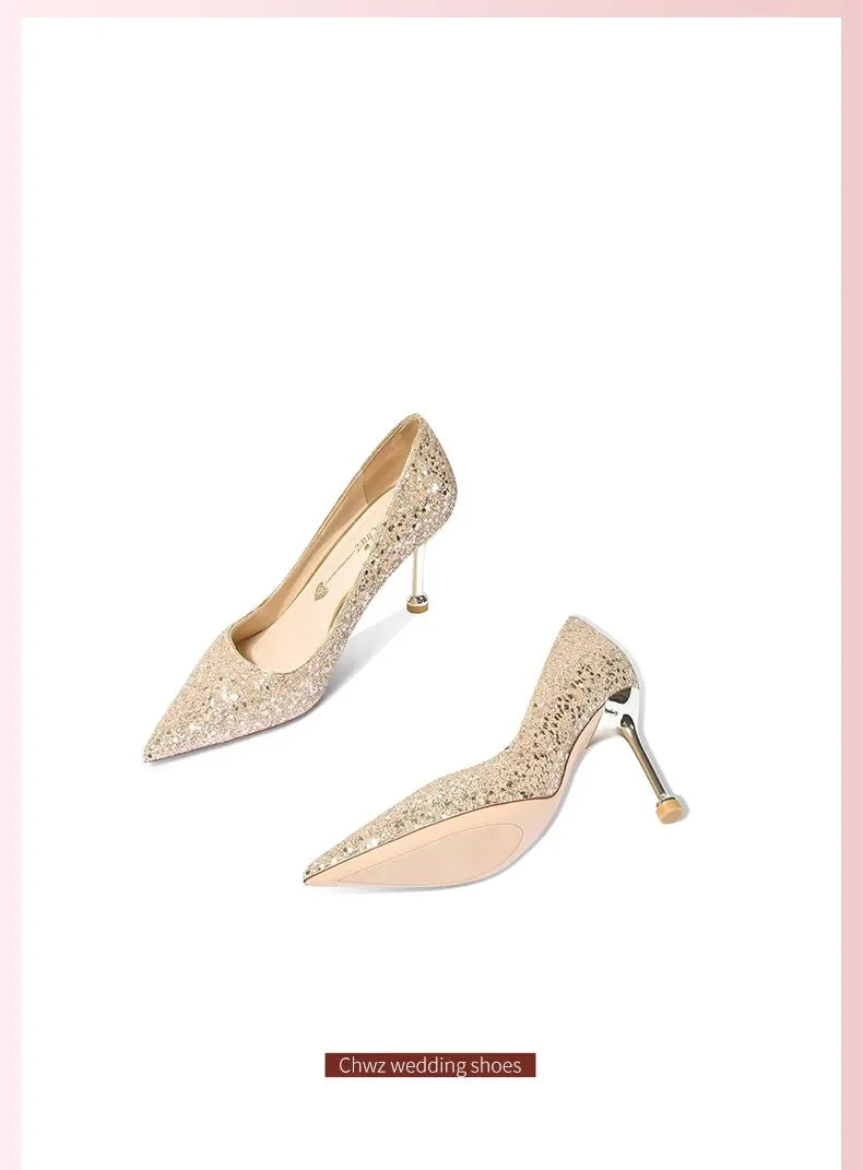 2025 New Women Pumps High Heel Metal Pointed Toe Shallow Sexy Ladies Bling Bridal Wedding Women Shoes White High Heels
