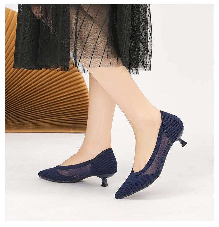 Women's High Heels 2025 New Knitted Breathable Mesh Fine Fashion Comfortable Lightweight Shoes Spring and Autumn