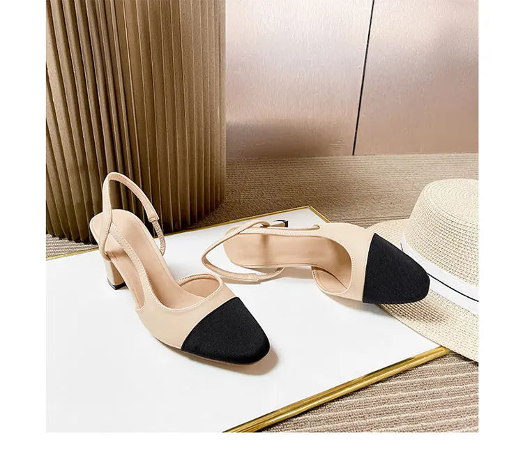2023Spring Autumn Fashion High Heels Sandals Women's Dress Square Toe Slingback Shoes Women's Color Block Back With Flat Sandals