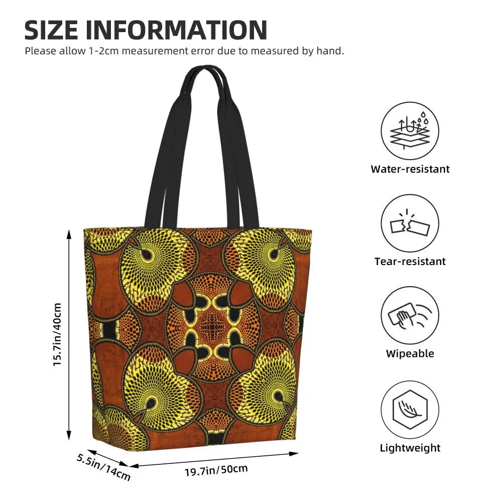 African Ankara Prints Grocery Shopping Tote Bags Women Geometric Ethnic Art Canvas Shoulder Shopper Bags Big Capacity Handbag
