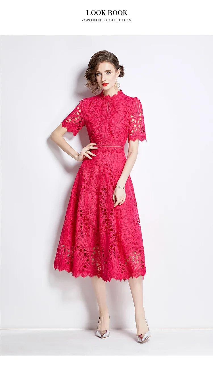 SMTHMA Vintage High-End O-Neck Short Sleeve Lace Hollow Out Dress For Women's Summer Slim Elegant Long Dress Female Clothing