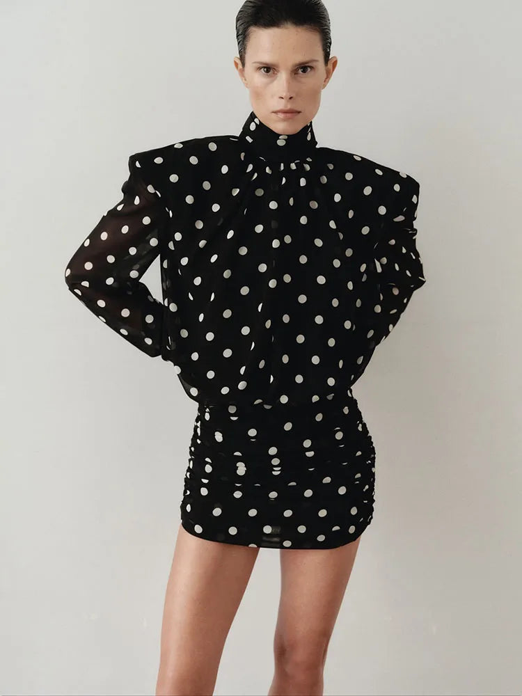 Nibber See Through Mini Dress Woman Turtleneck Mesh Full Sleeve Polka Dot Print Skinny Peach Hip Street Ruched Elegant Bodycon