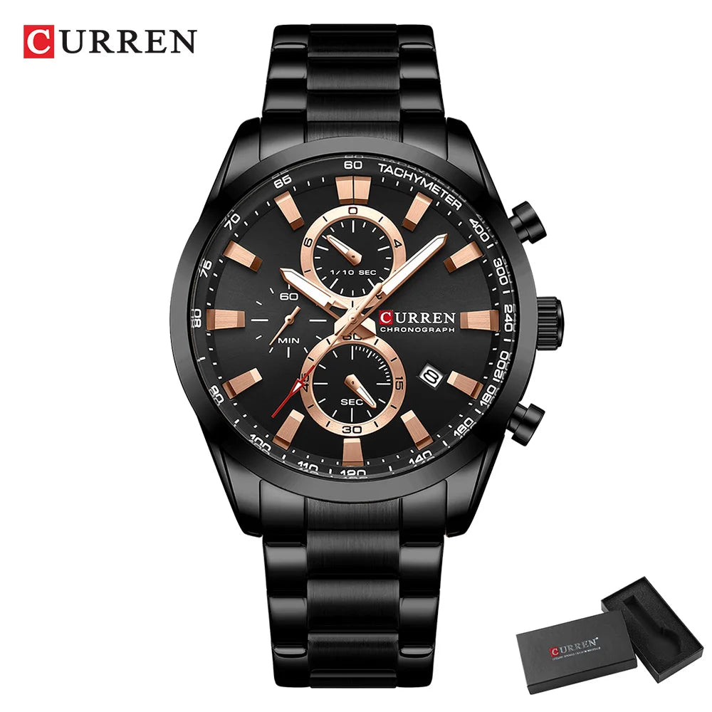 CURREN  New Sports Multifunction Stainless Steel Band Watches Fashion Brand Quartz Men's Wristwatches with Date