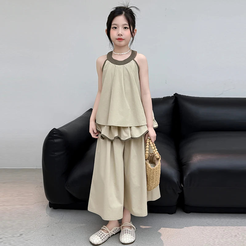 Girls Summer Casual Loose Skirt Pants Set Two Piece Outfit Big Kids Fashion Children's Clothing Set Comfortable