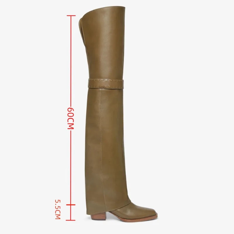 Elegant Temperament of European and American Women, Thick High Heels, Skirt Hem, Knee High Boots, Oversized Retro Knight Boots