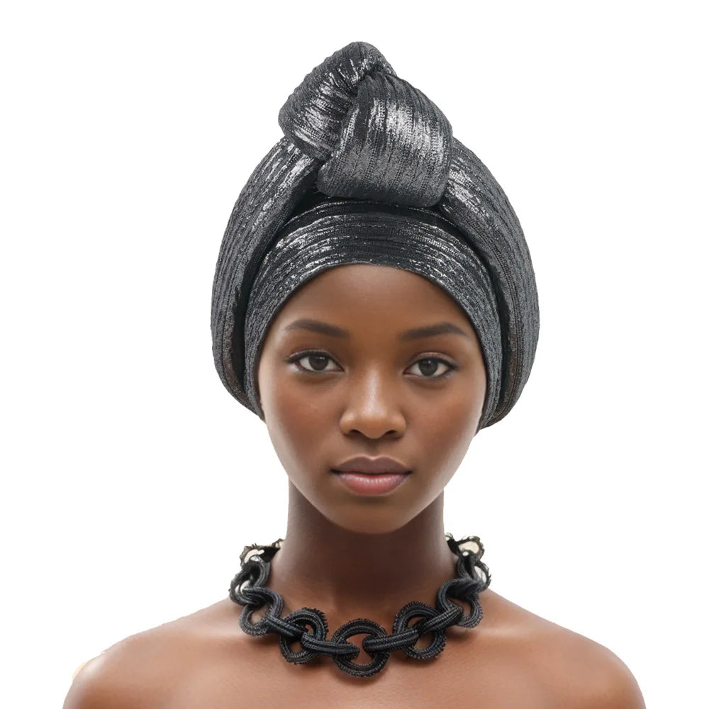 Metallic Shimmer Knotted Turban Head Wrap Women Stretch Crinkled Fabric Pre-Tied African Style Headscarf Daily Party Fashion Cos
