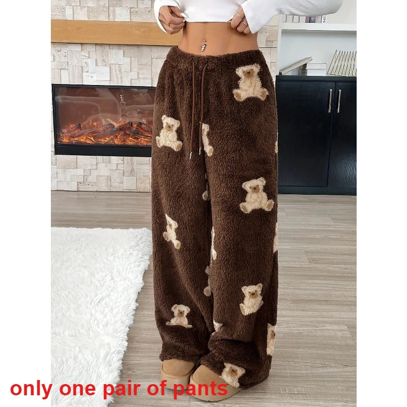 1pcs Autumn and Winter Fashionable Casual Pants, Bear Pattern Wide-leg Pants, Loose and Warm Women's Long Pants and Pajama Pants