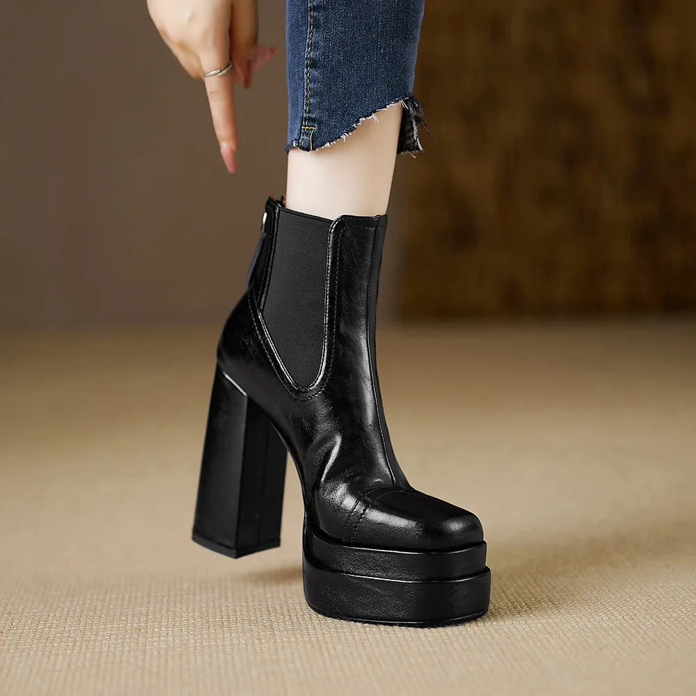 Aucegi Women Genuine Leather Back Zipper Ankle Boots Fashion Square Toe Platform Thick High Heels Party All Match Casual Shoes