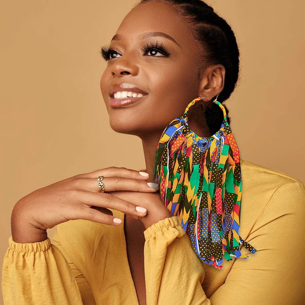 African Fabric Earrings Handmade Drop Tassels Earrings For Women Ethnic African Print Ankara Big Oversized Earings Daily Wear