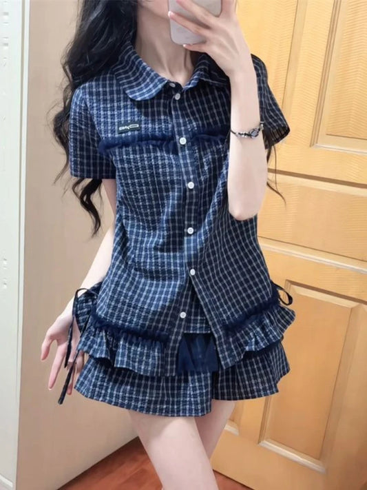 Fashion Vintage Preppy Style Slim 2-piece Set Women Casual Chic Patchwork Plaid Short Sleeve Top Female + High-waist Short Skirt