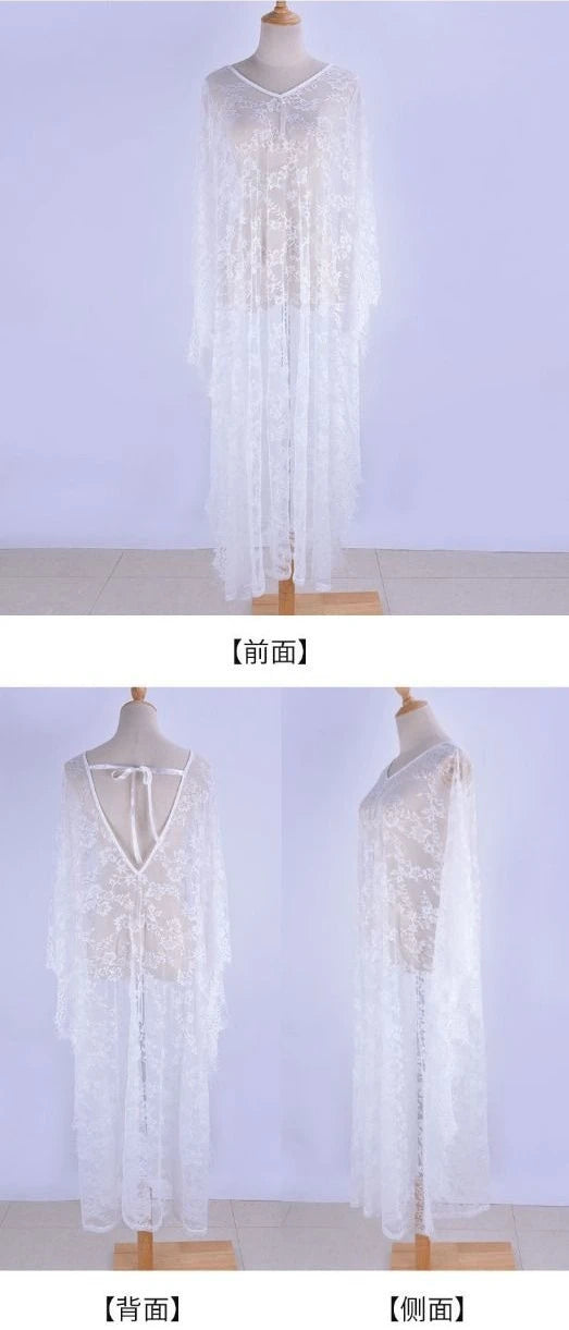 Sexy Lace Beach Bikini Cover Up Robe Pareo Beachwear Swimwear Women Dress Black White Swimsuit Hollow Out See-through Vacation