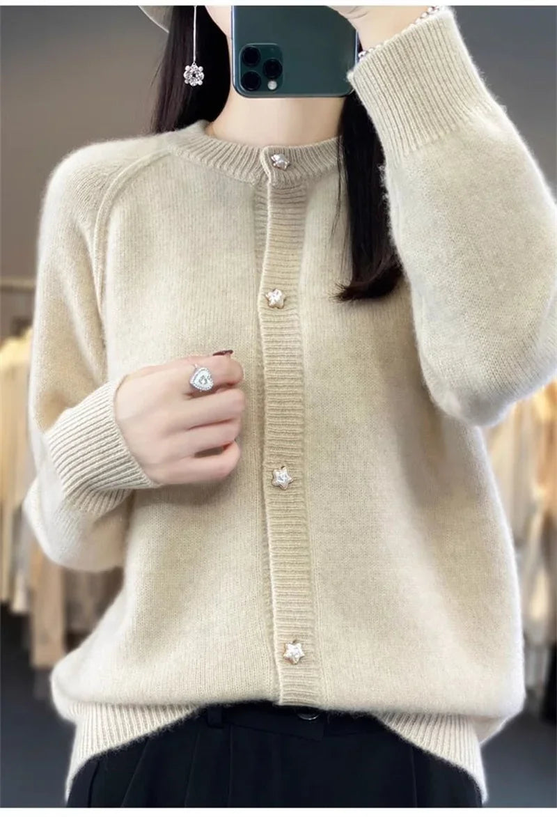 New Women Cardigan Sweater Autumn/Winter Round Neck Star Button Solid Knit Bottoming Shirt Jacket Quality Knitwear Female Tops
